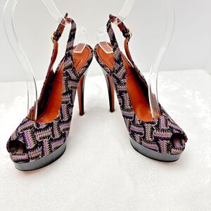 MISSONI Purple Black Fabric Slingback Peep Toe Platform Stiletto Heels Sz 36.5